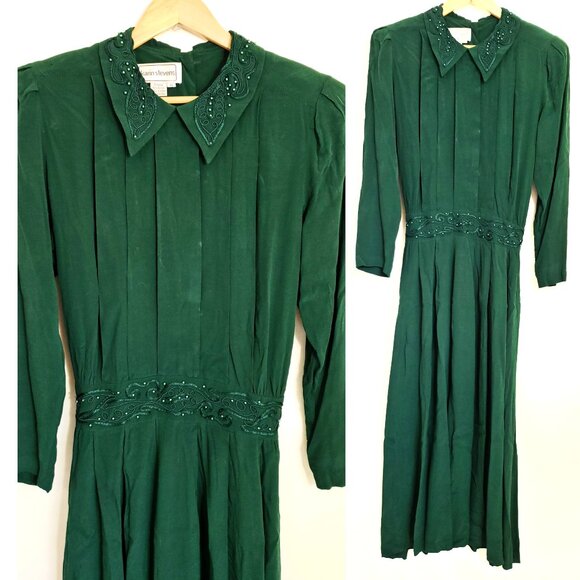 karin stevens Dresses & Skirts - Karin Stevens Gown | 1980s Drop Waist Dress | Forrest Green Pleated Modest Frock
